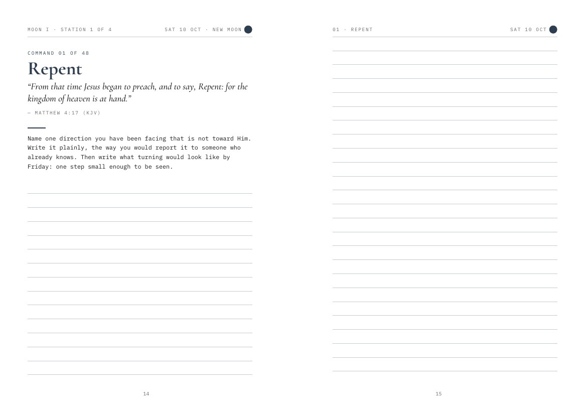 A station spread from Letters to God: on the left the command Repent, Matthew 4:17, and a prompt; on the right a ruled writing page