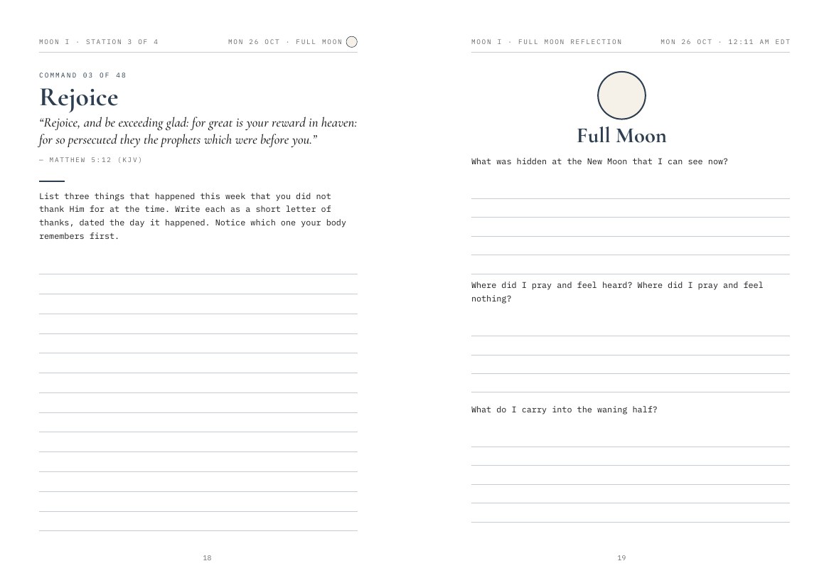 The Full Moon spread: the command Rejoice on the left, the Full Moon reflection on the right